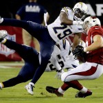 Arizona Cardinals tight end John Carlson (89) is hit by San Diego Chargers cornerback Shareece Wright (29) during the first half of an NFL football game, Monday, Sept. 8, 2014, in Glendale, Ariz. (AP Photo/Matt York)