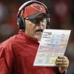 Arizona Cardinals head coach Bruce Arians speaks on the sidelines during the first half of an NFL football game against the Atlanta Falcons, Sunday, Nov. 30, 2014, in Atlanta. (AP Photo/Brynn Anderson)
