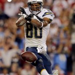 San Diego Chargers wide receiver Malcom Floyd celebrates his touchdown against the Arizona Cardinals during the second half of an NFL football game, Monday, Sept. 8, 2014, in Glendale, Ariz. (AP Photo/Rick Scuteri)