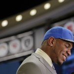 North Carolina tight end Eric Ebron walks off the stage after being selected by the Detroit Lions as the 10th pick in the first round of the 2014 NFL Draft, Thursday, May 8, 2014, in New York. (AP Photo/Craig Ruttle)