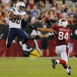 San Diego Chargers strong safety Marcus Gilchrist (38) breaks up a pass intended for Arizona Cardinals tight end Rob Housler (84) during the second half of an NFL football game, Monday, Sept. 8, 2014, in Glendale, Ariz. (AP Photo/Rick Scuteri)