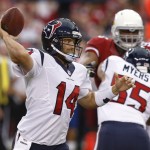 Houston Texans quarterback Ryan Fitzpatrick (14) throws against the Arizona Cardinals during the first half of an NFL preseason football game, Saturday, Aug. 9, 2014, in Glendale, Ariz. (AP Photo/Ross D. Franklin)