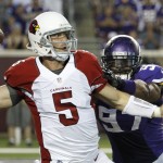  Arizona Cardinals quarterback Drew Stanton (5) is pressured by Minnesota Vikings defensive end Everson Griffen while throwing a pass during the first half of an NFL preseason football game, Saturday, Aug. 16, 2014, in Minneapolis. (AP Photo/Ann Heisenfelt)