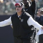 Oakland Raiders interim head coach Tony Sparano gestures from the sideline during the first half of an NFL football game against the Arizona Cardinals in Oakland, Calif., Sunday, Oct. 19, 2014. (AP Photo/Marcio Jose Sanchez)