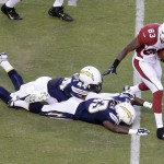 Arizona Cardinals kick returner Walt Powell, right, avoids San Diego Chargers' Branden Oliver and Adrian Phillips on the kickoff return during the first half of an NFL preseason football game Thursday, Aug. 28, 2014, in San Diego. (AP Photo/Gregory Bull)