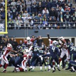 Seattle Seahawks kicker Steven Hauschka (4) boots a field goal in the second half of an NFL football game against the Arizona Cardinals, Sunday, Nov. 23, 2014, in Seattle. (AP Photo/Elaine Thompson)