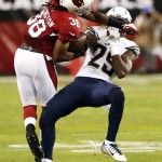 Arizona Cardinals running back Andre Ellington (38) is stopped by San Diego Chargers cornerback Shareece Wright (29) during the first half of an NFL football game, Monday, Sept. 8, 2014, in Glendale, Ariz. (AP Photo/Ross D. Franklin)