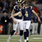 St. Louis Rams kicker Greg Zuerlein (4) watches his 19-yard field goal during the second half of an NFL football game against the Arizona Cardinals Thursday, Dec. 11, 2014 in St. Louis. (AP Photo/Jeff Roberson)
