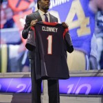 South Carolina defensive end Dejeveon Clowney reacts after being chosen by the Houston Texans as the first pick in the first round of the 2014 NFL Draft, Thursday, May 8, 2014, in New York. (AP Photo/Craig Ruttle)