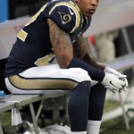 St. Louis Rams' Trumaine Johnson (22) watches from the bench late in the second half of an NFL football game against the Arizona Cardinals Thursday, Dec. 11, 2014 in St. Louis. Arizona won 12-6 (AP Photo/Tom Gannam)