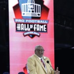 Hall of Fame inductee Claude Humphrey speaks during the Pro Football Hall of Fame enshrinement ceremony Saturday, Aug. 2, 2014, in Canton, Ohio. (AP Photo/Tony Dejak)