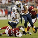San Diego Chargers running back Ryan Mathews (24) eludes the tackle of Arizona Cardinals free safety Tony Jefferson (22) to score a touchdown during the second half of an NFL football game, Monday, Sept. 8, 2014, in Glendale, Ariz. (AP Photo/Rick Scuteri)