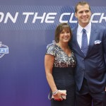Central Florida quarterback Blake Bortles, right, poses for photos with his mother, Suzy Bortles, upon arriving for the 2014 NFL Draft, Thursday, May 8, 2014, at Radio City Music Hall in New York. (AP Photo/Craig Ruttle)