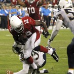 Arizona Cardinals wide receiver John Brown (12) scores a touchdown as San Diego Chargers free safety Eric Weddle defends during the second half of an NFL football game, Monday, Sept. 8, 2014, in Glendale, Ariz. (AP Photo/Rick Scuteri)