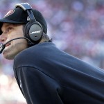 San Francisco 49ers head coach Jim Harbaugh watches from the sideline during the first quarter of an NFL football game against the Arizona Cardinals in Santa Clara, Calif., Sunday, Dec. 28, 2014. (AP Photo/Marcio Jose Sanchez)
