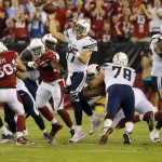 San Diego Chargers quarterback Philip Rivers (17) throws against the Arizona Cardinals during the first half of an NFL football game, Monday, Sept. 8, 2014, in Glendale, Ariz. (AP Photo/Rick Scuteri)