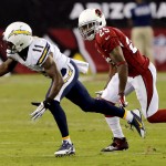 San Diego Chargers wide receiver Eddie Royal (11) can't make the catch as Arizona Cardinals cornerback Jerraud Powers (25) defends during the first half of an NFL football game, Monday, Sept. 8, 2014, in Glendale, Ariz. (AP Photo/Rick Scuteri)