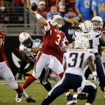 Arizona Cardinals quarterback Carson Palmer (3) throws against the San Diego Chargers during the first half of an NFL football game, Monday, Sept. 8, 2014, in Glendale, Ariz. (AP Photo/Matt York)