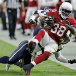 Arizona Cardinals running back Andre Ellington (38) is knocked out of bounds against the St. Louis Rams during the second half of an NFL football game, Sunday, Nov. 9, 2014, in Glendale, Ariz. (AP Photo/Rick Scuteri)