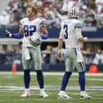 Dallas Cowboys tight end Jason Witten (82) reacts between plays as quarterback Brandon Weeden (3) looks on during the first half of an NFL football game Tuesday, Feb. 11, 2014, in Arlington, Texas. cornerback Patrick Peterson (21) is at right. (AP Photo/Brandon Wade)