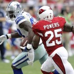 Dallas Cowboys wide receiver Dez Bryant (88) gains yardage after a catch as Arizona Cardinals cornerback Jerraud Powers (25) defends during the first half of a preseason NFL football game on Saturday, Aug. 17, 2013, in Glendale, Ariz. (AP Photo/Rick Scuteri)