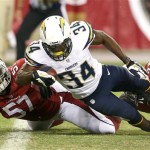 San Diego Chargers running back Fozzy Whittaker (34) scores a touchdown as Arizona Cardinals linebacker Alex Okafor (57) and Curtis Taylor (26) defends during the first half of a preseason NFL football game Saturday, Aug. 24, 2013, in Glendale, Ariz. (AP Photo/Rick Scuteri)