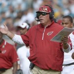 Arizona Cardinals head coach Bruce Arians questions a call by officials during the first half of an NFL football game against the Jacksonville Jaguars in Jacksonville, Fla., Sunday, Nov. 17, 2013. (AP Photo/Phelan M. Ebenhack)