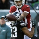 Arizona Cardinals' Brittan Golden (10) unable to catch a pass as Philadelphia Eagles' Patrick Chung (23) defends during the first half of an NFL football game, Sunday, Dec. 1, 2013, in Philadelphia. (AP Photo/Matt Rourke)
