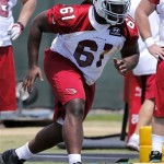 Arizona Cardinals first-round draft pick Jonathan Cooper (61) works out during rookie minicamp NFL football practice on Friday, May 10, 2013, at the team's training facility in Tempe, Ariz. (AP Photo/Matt York)