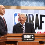 NBA Deputy Commissioner Adam Silver, left, joins Commissioner David Stern on stage at the end of the first round of the NBA basketball draft, Thursday, June 27, 2013, in New York. Stern is retiring in February. (AP Photo/Jason DeCrow)