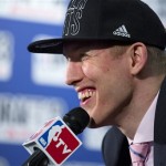 Duke's Mason Plumlee, picked by the Brooklyn Nets in the first round of the NBA basketball draft, smiles during a news conference Thursday, June 27, 2013, in New York. (AP Photo/Craig Ruttle)