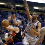 San Antonio Spurs' Tim Duncan dunks over Phoenix Suns' Marcin Gortat, of Poland, during the first half of an NBA basketball game, Sunday, Feb. 24, 2013, in Phoenix. (AP Photo/Matt York)