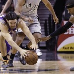 Phoenix Suns' Luis Scola, left, of Argentina, and San Antonio Spurs' Stephen Jackson, right, chase a loose ball during the second quarter of an NBA basketball game, Saturday, Jan. 26, 2013, in San Antonio, Texas. (AP Photo/Eric Gay)

