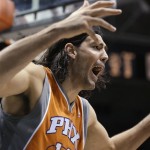 Phoenix Suns' Luis Scola argues a foul called on him during the second half of an NBA basketball game against the Milwaukee Bucks on Tuesday, Jan. 8, 2013, in Milwaukee. The Bucks won 108-99. (AP Photo/Jeffrey Phelps)