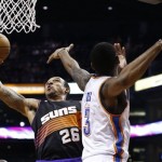 Phoenix Suns' Shannon Brown (26) shoots over Oklahoma City Thunder's Perry Jones (3) during the second half in an NBA basketball game, Sunday, Feb. 10, 2013, in Phoenix. The Thunder won 97-69. (AP Photo/Ross D. Franklin)
