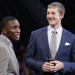 Indiana's Victor Oladipo, left, and Cody Zeller chat before the NBA basketball draft got underway, Thursday, June 27, 2013, in New York. (AP Photo/Kathy Willens)