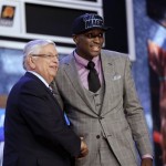NBA Commissioner David Stern, left, shakes hands with Indiana's Victor Oladipo, whom the Orlando Magic selected with the second pick in the first round of the NBA basketball draft, Thursday, June 27, 2013, in New York. (AP Photo/Kathy Willens)