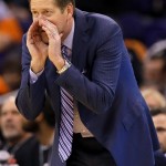 Phoenix Suns head coach Jeff Hornacek yells during the first half of an NBA basketball game against the Atlanta Hawks, Sunday, March 2, 2014, in Phoenix.(AP Photo/Matt York)