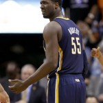  Indiana Pacers' Roy Hibbert looks confused after being called for a technical foul during the first half of an NBA basketball game against the Phoenix Suns Wednesday, Jan. 22, 2014, in Phoenix. (AP Photo/Ross D. Franklin)