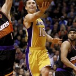 Los Angeles Lakers' Steve Nash (10) shoots against the Phoenix Suns during the first half of an NBA basketball game, Wednesday, Jan. 30, 2013, in Phoenix. (AP Photo/Matt York)