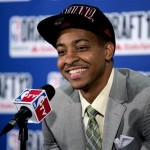 Lehigh's C.J. McCollum, picked by the Portland Trail Blazers in the first round of the NBA basketball draft, smiles during a news conference Thursday, June 27, 2013, in New York. (AP Photo/Craig Ruttle)