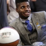 Kentucky's Nerlens Noel waits for the first round of the NBA basketball draft, Thursday, June 27, 2013, in New York. (AP Photo/Kathy Willens)
