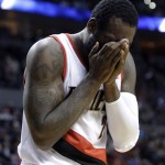Portland Trail Blazers center J.J. Hickson reacts after he is called for a foul during the second half of an NBA basketball game against the Phoenix Suns in Portland, Ore., Tuesday, Feb. 19, 2013. Phoenix beat Portland 102-98.(AP Photo/Don Ryan)
