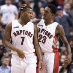Toronto Raptors' Kyle Lowry, left, and Lou Williams walk off the court following the first half of an NBA basketball game in Toronto on Monday, Nov. 24, 2014. (AP Photo/The Canadian Press, Darren Calabrese)