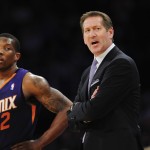  Phoenix Suns head coach Jeff Hornacek reacts during a timeout as Phoenix Suns guard Eric Bledsoe (2) looks on in the first half of an NBA basketball game against the Los Angeles Lakers, Sunday, March 30, 2014, in Los Angeles.(AP Photo/Gus Ruelas)