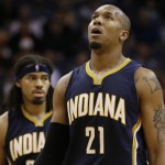 Indiana Pacers forward David West reacts to a call during the second half of an NBA basketball game against the Phoenix Suns, Tuesday, Dec. 2, 2014, in Phoenix. The Suns won 116-99. (AP Photo/Matt York)