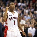 Toronto Raptors' Kyle Lowry pumps his fist following the Raptors' win over the Phoenix Suns in an NBA basketball game in Toronto on Monday, Nov. 24, 2014. (AP Photo/The Canadian Press, Darren Calabrese)