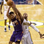 Phoenix Sun's Gerald Green (14) pulls in a rebound against Indiana Pacer's Lavoy Allen (5) during the second half of an NBA basketball game, Saturday, Nov. 22, 2014, in Indianapolis. The Suns defeated the Pacers 106-83. (AP Photo/Doug McSchooler)