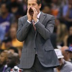  Phoenix Suns head coach Jeff Hornacek calls a play during the first half of an NBA basketball game against the Memphis Grizzlies, Monday, April 14, 2014, in Phoenix. (AP Photo/Matt York)