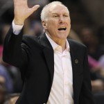 San Antonio Spurs head coach Gregg Popovich yells to an official during the first half of an NBA basketball game against the Phoenix Suns on Friday, April 11, 2014, in San Antonio. (AP Photo/Darren Abate)
